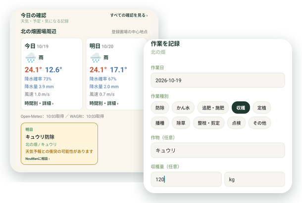 NouMan Worker の画面。ホームの「今日の確認」（畑の天気と明日の予定）と「作業を記録」