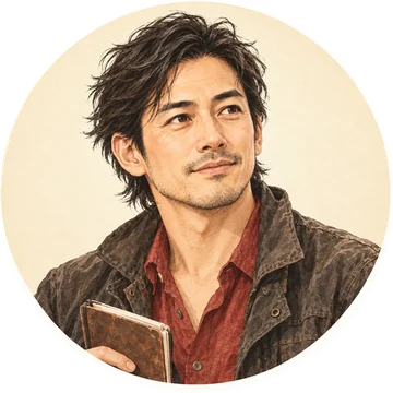 鷹野塁のイラスト。少し長めの髪と無精ひげ、ラフなジャケットに赤いシャツ。古い手帳を持っている