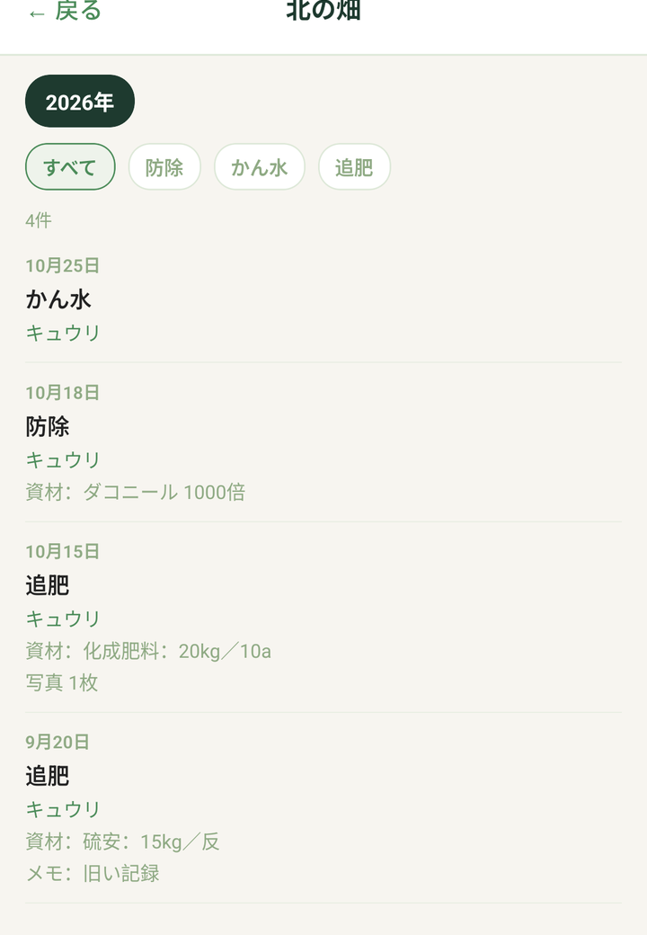 「すべて見る」の画面。年(2026年)と、作業種別(すべて・防除・かん水・追肥)のボタン、記録の一覧